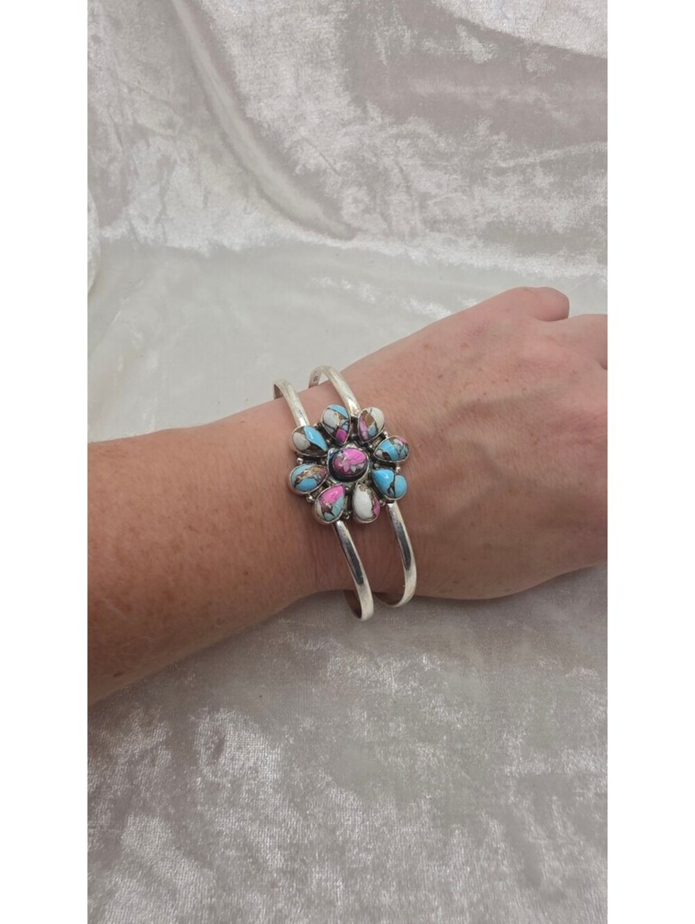 Cotton Candy Turquoise Flower Cuff Bracelet 925 Silver Overlay Adjustable